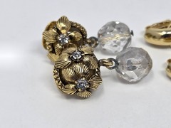2 Pairs Vintage Gold Tone & Clear Rhinestone Clip-on Earrings Dangle Drop Style