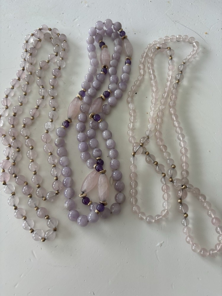 Vintage 14k Yellow Gold Lavender Jade/Rose Quartz Gold Ball Beaded Necklaces Lot