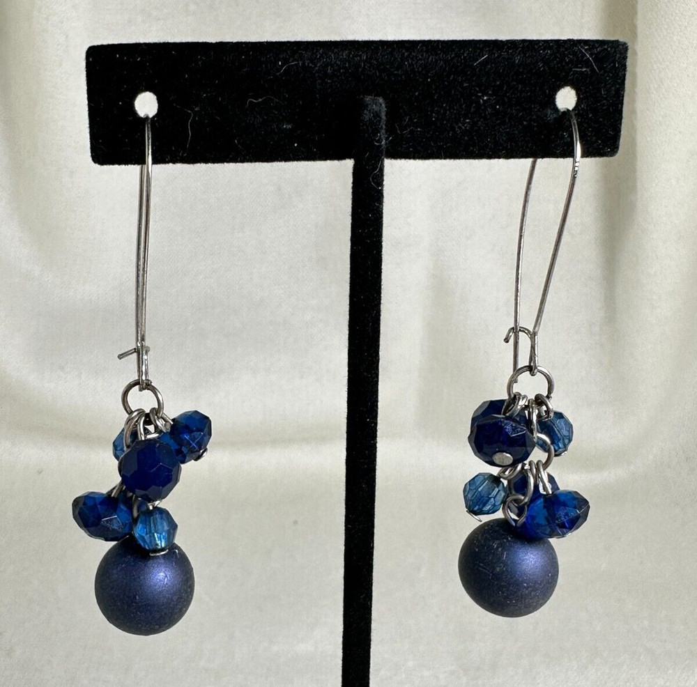 Midnight Blue Beads and Crystals Silver Tone Dangle Earrings – 2 1/2″