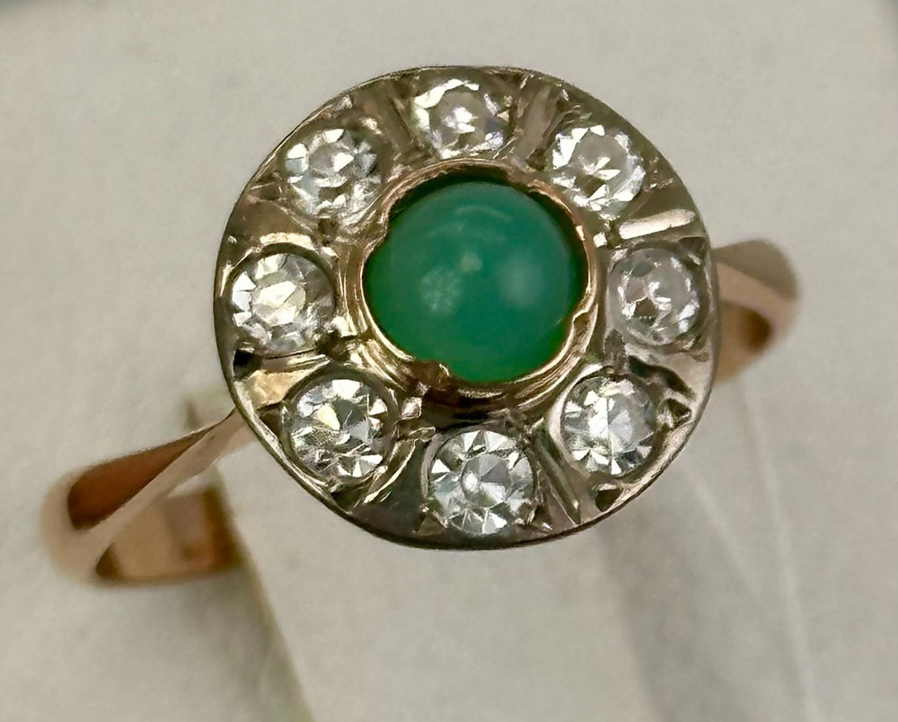 USSR Vintage Original Rose Gold Natural Chrysoprase & CZ Ring 585 14K 3,01 g.