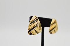 TAT Vintage Earrings Gold Black Off White Enamel Pierced Signed NOS 1980s