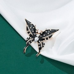 Vintage Black Enamel Butterfly Brooch Gold Tone Crystal Rhinestone Pin