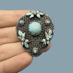 Antique Czech Glass Filigree Enamel Turquoise Blue Fur Dress Clip Brooch NEIGER?