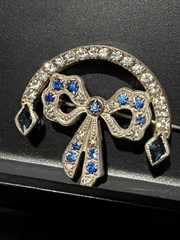 Antique R-F Silver Tone Blue Rhinestones Bow Ribbon Arch Brooch Locking Pin