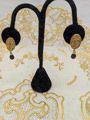 Vtg Erwin Pearl Earrings Medallion Drop Dangle Gold Tone Etruscan Greco Roman