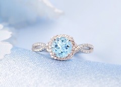Round Cut Aquamarine Halo Engagement Ring Wedding Ring Anniversary Gift For Her