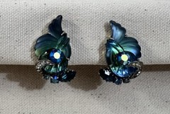 Vintage 1960s Signed EDLEE Cornucopia Molded Art Glass Blue Rhinestone Earrings