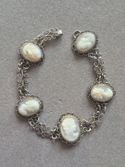 Ornate Antique 800 Silver Filigree shell Carved Cameo Link Bracelet: 7.5” Long
