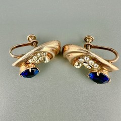 Vintage Sterling Rhinestone Earrings Blue Faux Sapphire Screw Back Mid Century