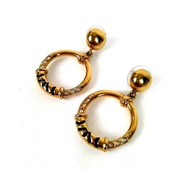 Vintage Jackie Collins Dangle Hoop Earrings Rhinestones Enamel Gold Tone