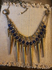 Pewter Tone Bib Necklace w/ Blue Acrylic & Metal Beads, Long Metal Dangles