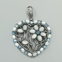 Vintage Sterling Silver Floral Heart Pendant Blue Glass Cabochon Filigree 2 Inch