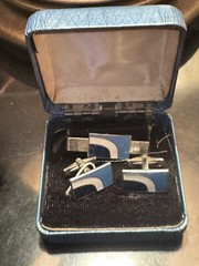 Vtg Matching Tie Bar & Cufflink Set Blue & White Enamel SilverTone W/ Box Retro