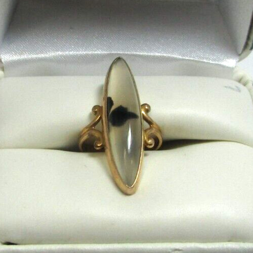 Vintage Victorian 10K Yellow Gold Elongated Beveled Montana Agate Ring Sz 4.25