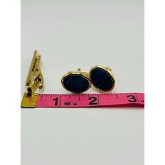 Vintage Gold Tone Blue Oval Cufflinks & Tie Clip Set | Mid Century Men’s