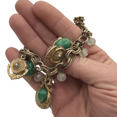 Vintage Gold Tone FOB Charm Bracelet Green Stones Shell Floral Ornate Design