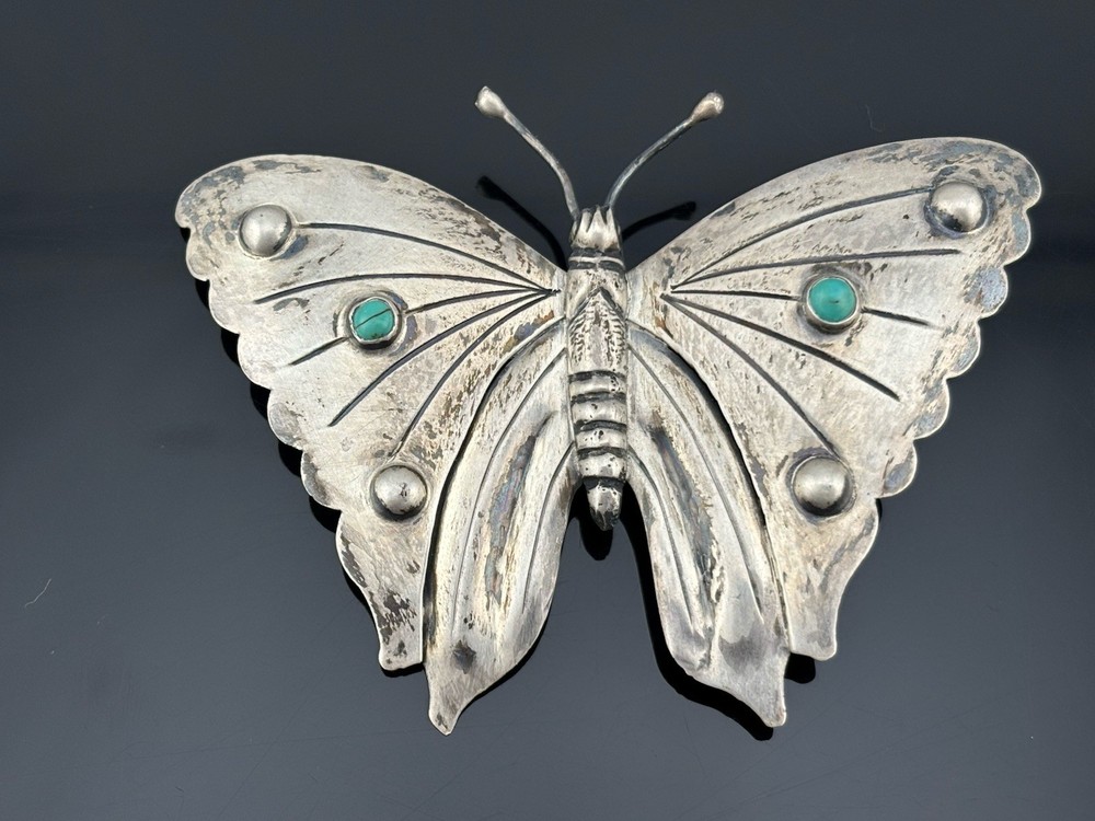 BIG Vtg Sterling Silver Butterfly Brooch Mexico Turquoise Stones 3.25″ Insect
