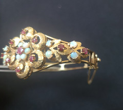 Spectacular Victorian 14K Yellow Gold Bangle Bracelet w/ Rubies and White Opals.