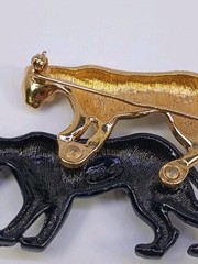 Signed Jackie Collins Leopard Panther Brooch Pair Black Gold Enamel Green Eyes