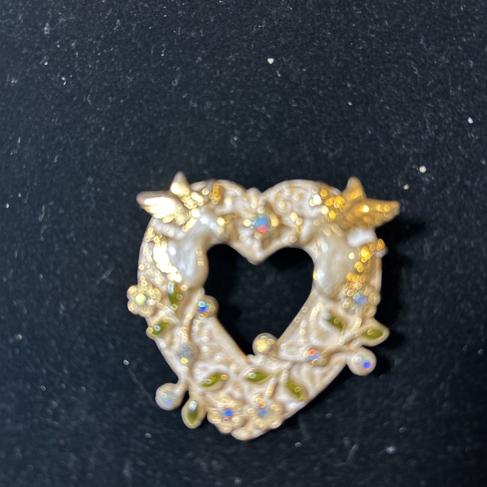 Vintage KENNETH COLE KC AB Rhinestone Enamel HEART Brooch Pin w/Angels & Flowers