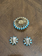 Vintage Mid-Century Turquoise Tone Clear Rhinestone Floral Brooch & Earrings Set