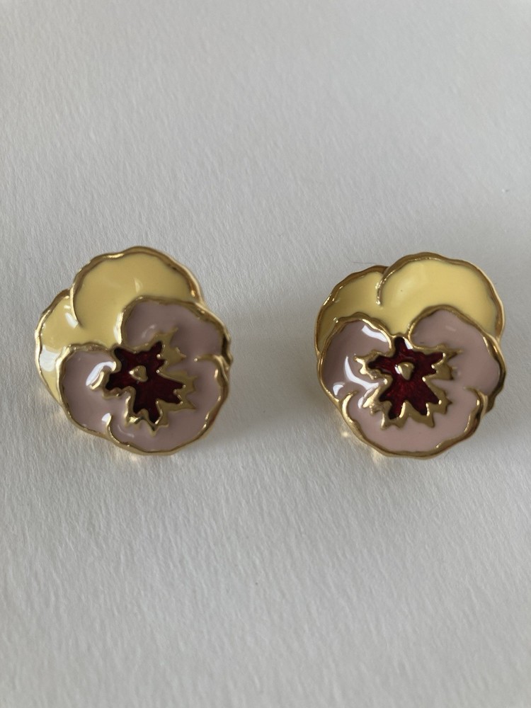 Vintage Pansy Flower Pierced Earrings With Yellow, Lavender & Mauve Enamel