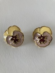 Vintage Pansy Flower Pierced Earrings With Yellow, Lavender & Mauve Enamel