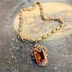 Antique Czech Amber Glass Filigree Pendant Necklace Rhinestone Chain Art Deco