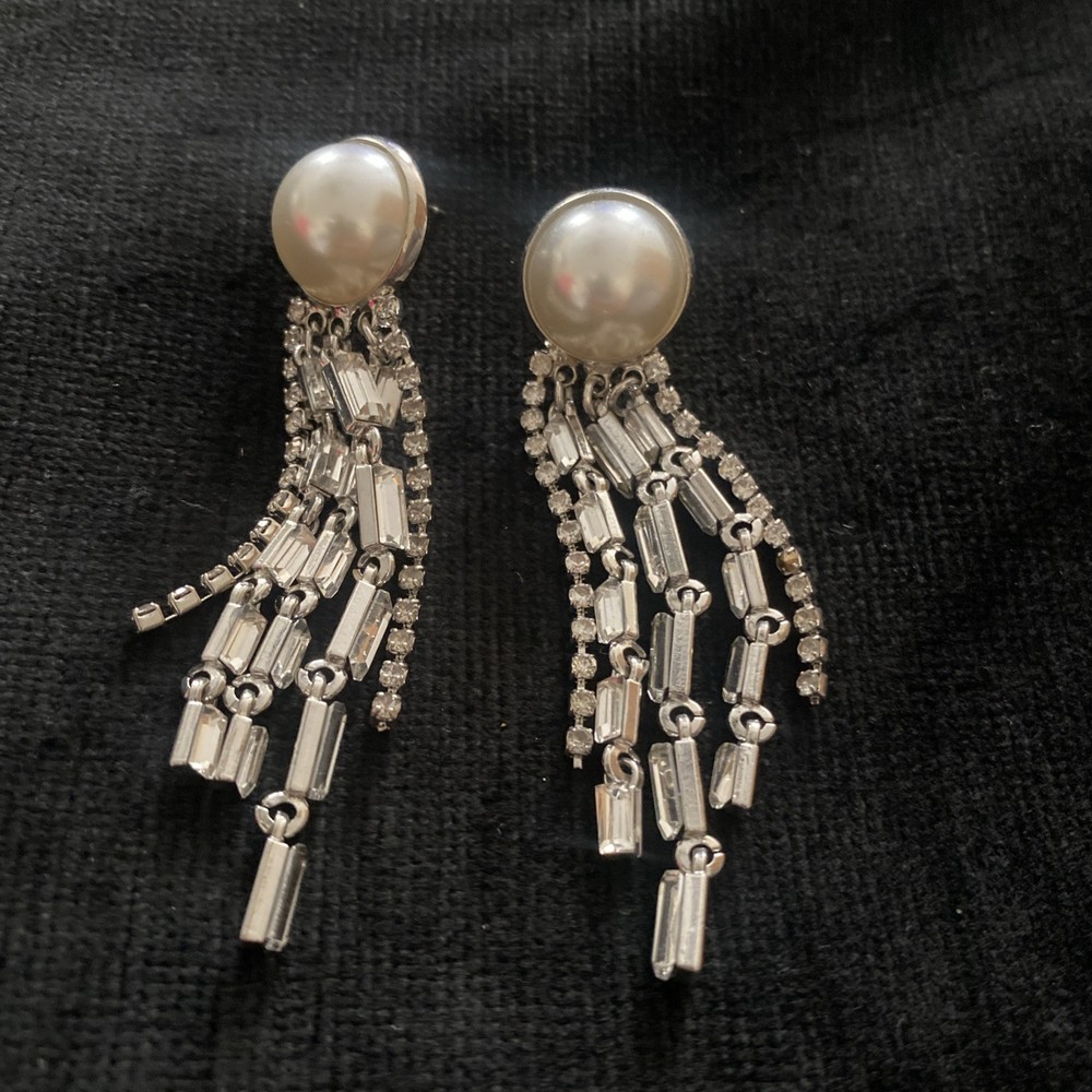 Vintage Earrings Faux Pearl Rhinestone Stud w/ Long Dangling Strands Statement