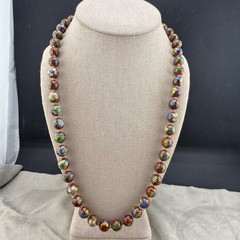 Vintage Cloisonne Beaded Necklace Red Chinese Export Gold Tone Enamel 24”