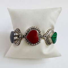 Vintage Taxco Sterling Silver 925 Heart Link Bracelet Red Black & Green Enamel