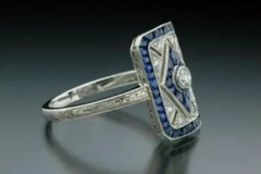 Art Deco Style 1.00Ct Lab-Created Diamond & Sapphire Ring 14K White Gold Finish
