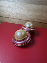 Vintage 1970s 80s Clip On Earrings Imitation Pearl Cabochon Gold Tone