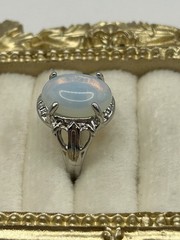 Vintage Opalite Glass Oval Ring Silver Tone Filigree Setting Size 6 Witchy Gift
