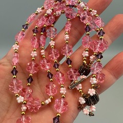 Vintage Flower Bead Necklace Pink Lucite Double Strand Gold Tone Findings Hippy