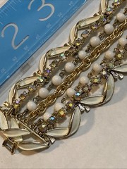 ART Deco Vintage Rhinestone Multi Strand Stack Bracelet Gold White Bead Enamel