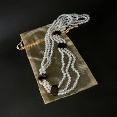 Vintage Black Onyx & Clear Quartz Triple Strand Beaded Elegant Necklace 15″ Long