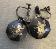 Vintage Siam Sterling Silver Niello Enamel Screw Back Earrings Dangle Drop LOT 3
