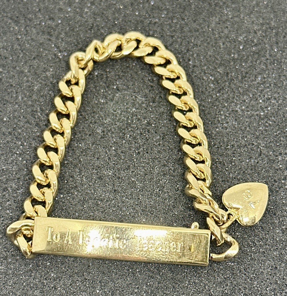 Vintage Speidel ID Bracelet Heart Charm Engraved “To A Terrific Teacher” 6.75″