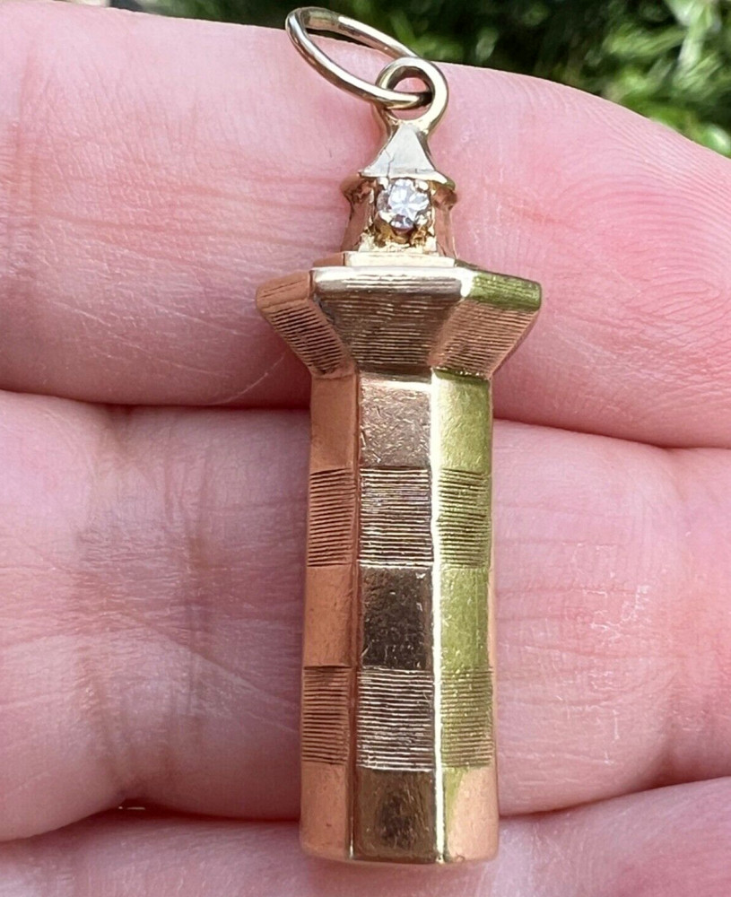 VINTAGE 14K GOLD DIAMOND LIGHTHOUSE CHARM PENDANT SOLID CUSTOM MADE NAUTICAL
