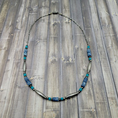 Southwestern Style Multi Color Blue Stone and Metal Vintage Necklace 17 Inch
