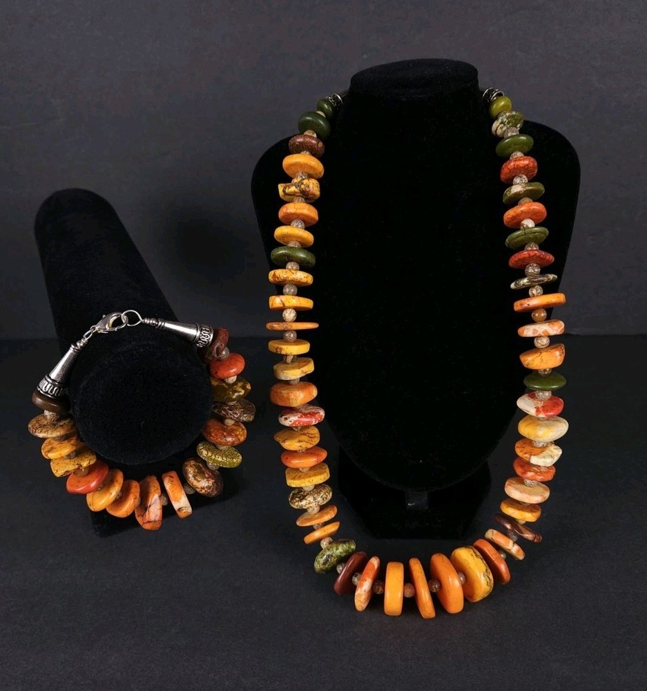 Vintage “Yellow Turquoise” Graduated Disc Beaded Natural Stone Necklace Bracelet