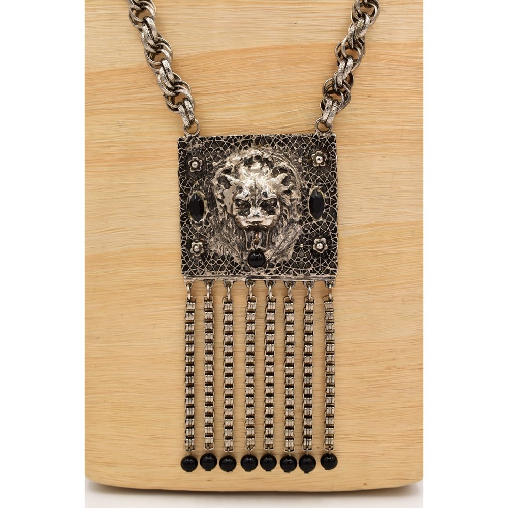 Edlee Vintage Chain Lion Door Knocker Necklace Heavy Chain Silver Signed BinBL
