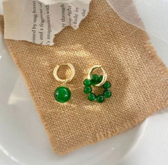 Vintage Asymmetric Gold-Tone Huggie Hoops with Green Jade Bead & Cluster Charms