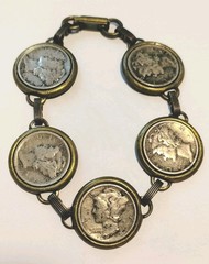 Vintage Mercury Dime 5 Coin Bracelet 90% Silver Encased In Brass 1926 to 1943