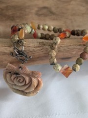 Vintage Carved Stone Rose Pendant Beaded Carnelian Agate Jasper Necklace