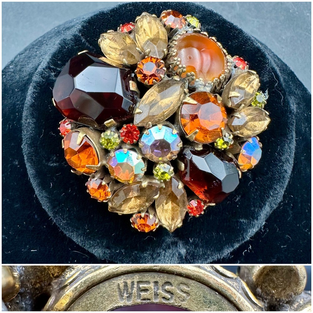 Vintage 1950s WEISS Root Beer Aurora Borealis Pronged Rhinestone Brooch Jewelry