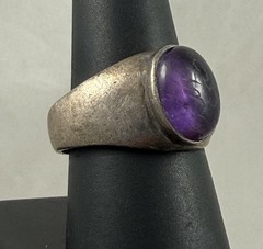 Vintage Sterling Silver 925 Cabochon Amethyst Ring Carved Inscribed Stone 8.5