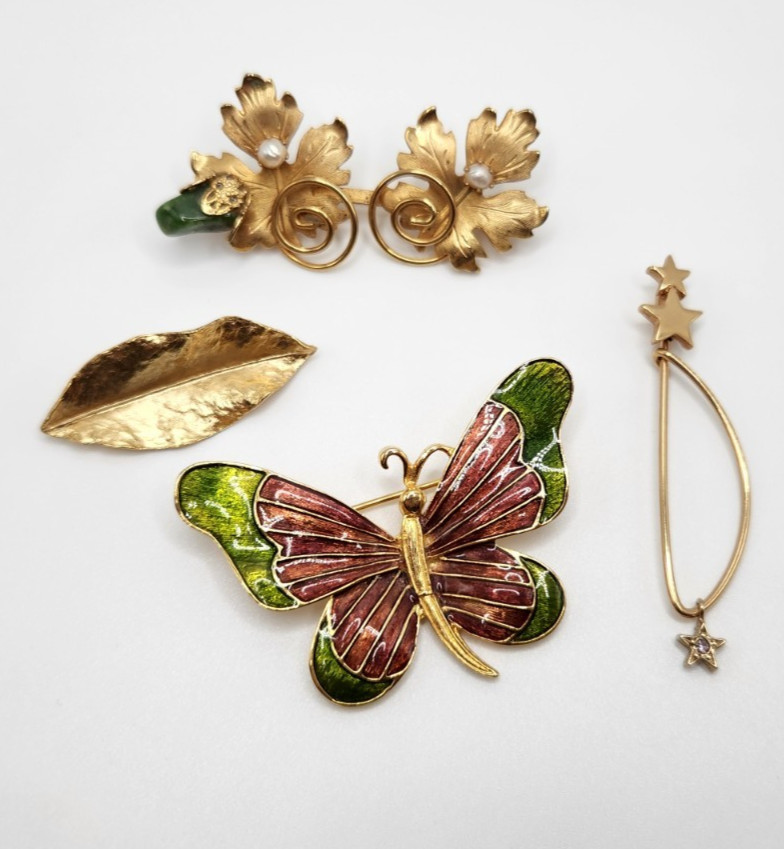 Vintage Gold tone Brooch Lot 4 pieces Crown Trifari MFA Butterfly Leaf Star