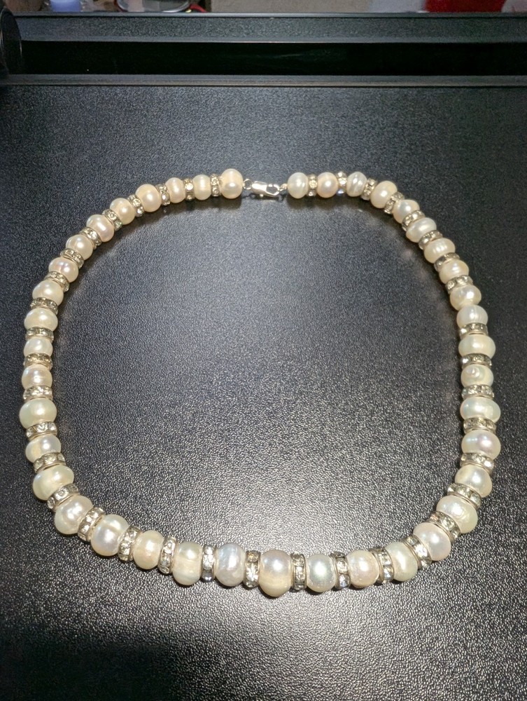 Genuine Freshwater Pearl Necklace Rhinestone Rondelle Spacers Choker 17″